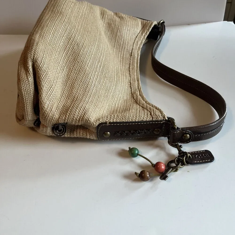 Fossil Straw Bag Genuine Classic Beige 3 Wood Beads Key Zippered Hobo Natural
